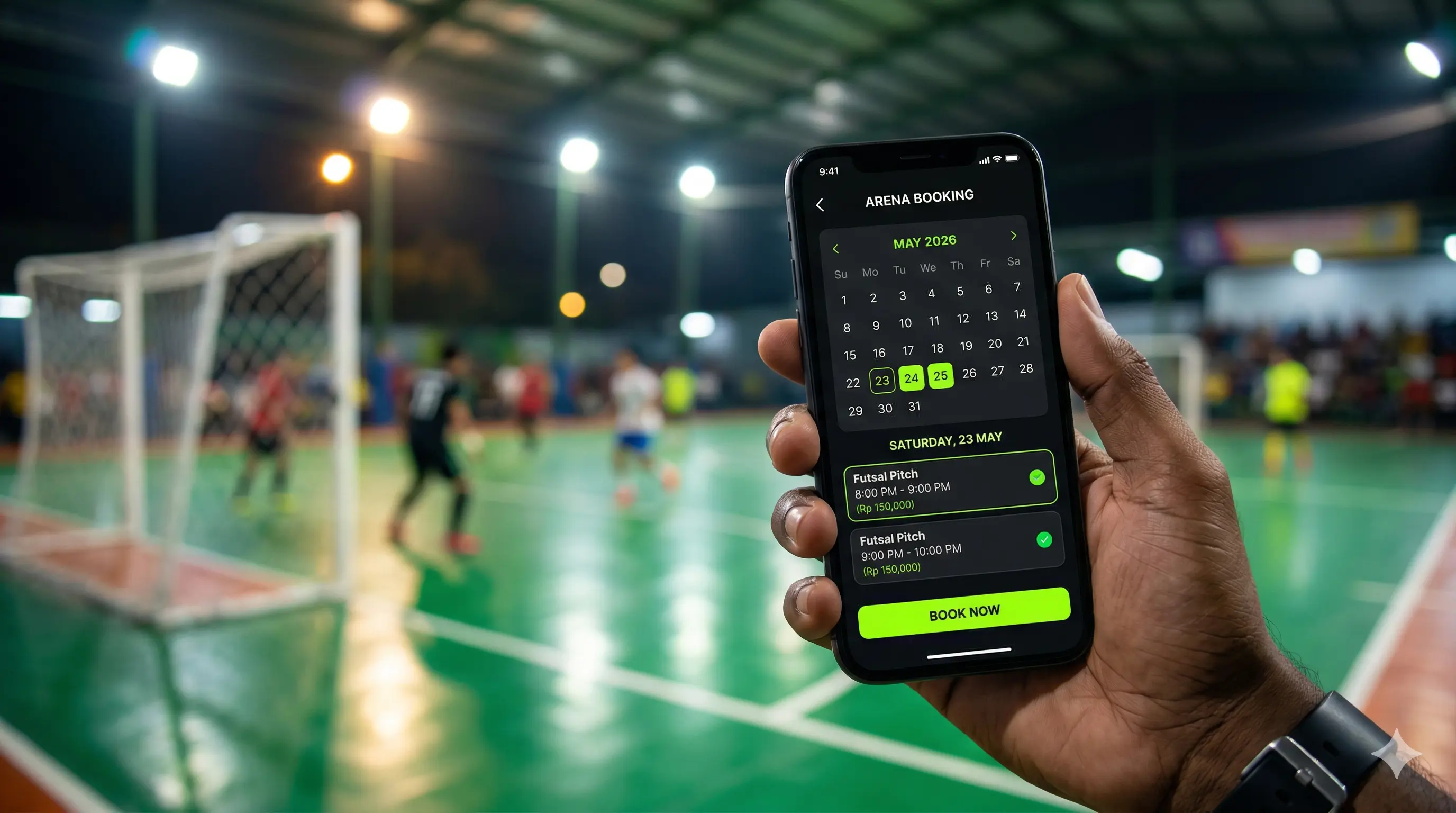 Tampilan aplikasi reservasi lapangan futsal dan mini soccer di Sidoarjo melalui layar ponsel pintar