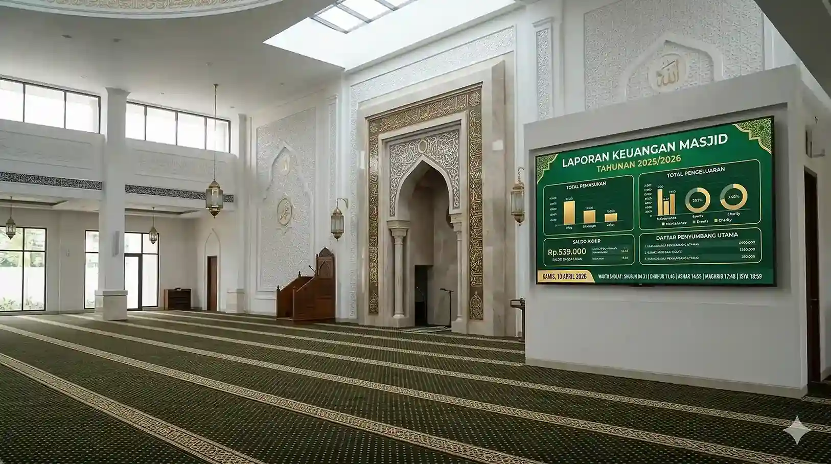 Tampilan laporan mutasi kas otomatis pada layar TV cerdas digital signage di dalam masjid