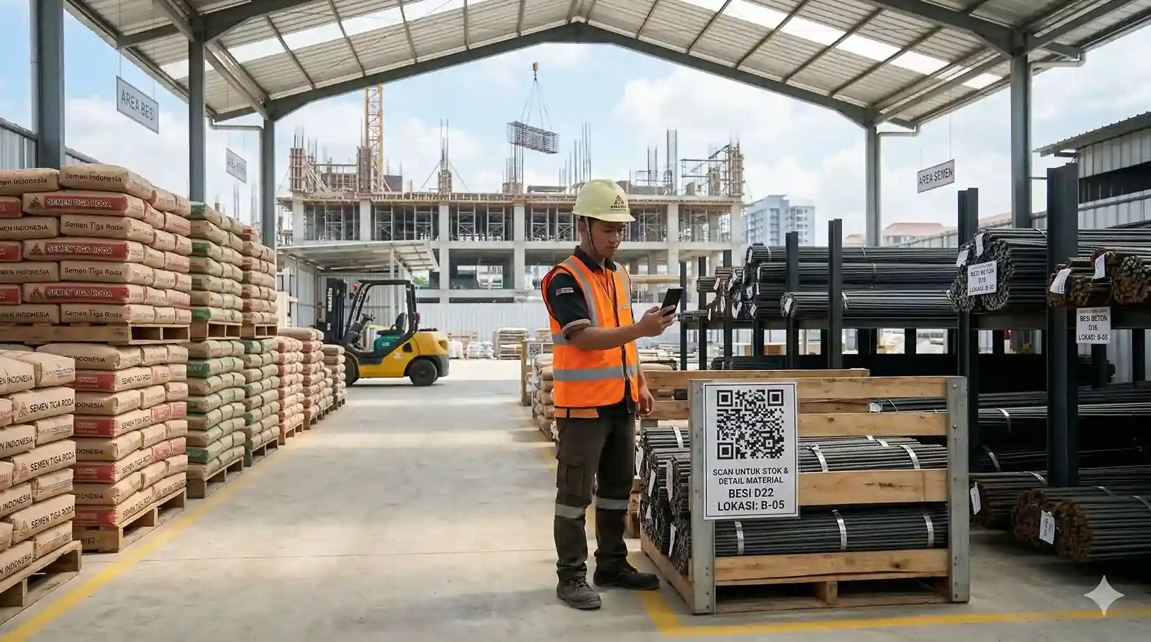 Kontrol inventori gudang material bangunan di lokasi proyek konstruksi