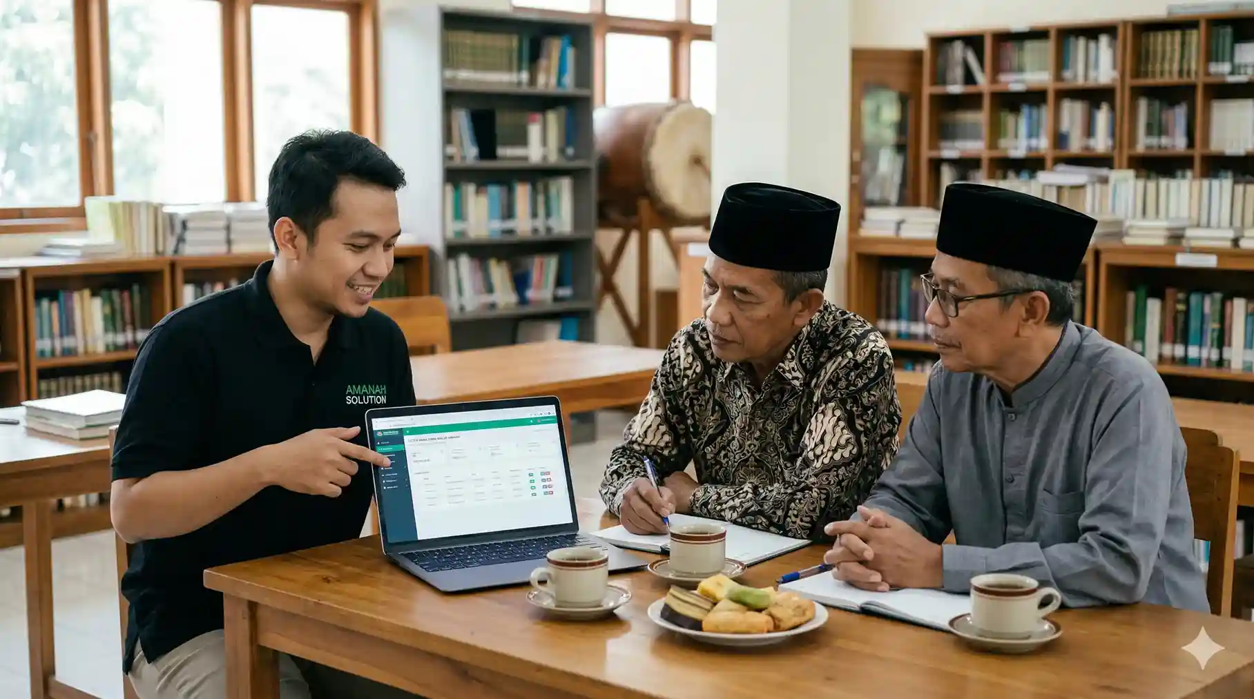 Tim teknis Amanah Solution mendampingi jajaran takmir masjid dalam menggunakan aplikasi kas