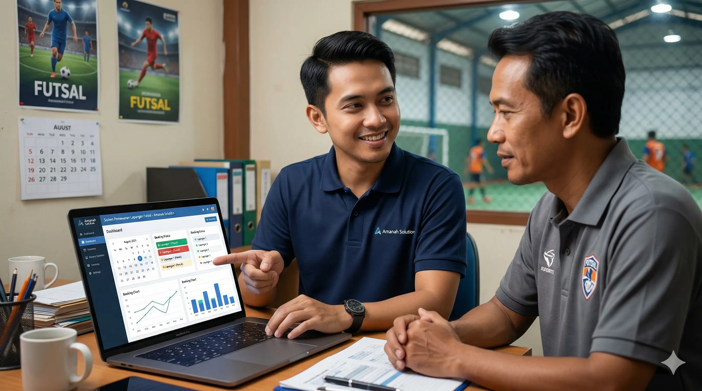 Teknisi Amanah Solution memberikan edukasi penggunaan aplikasi booking kepada staf admin pengelola lapangan olahraga