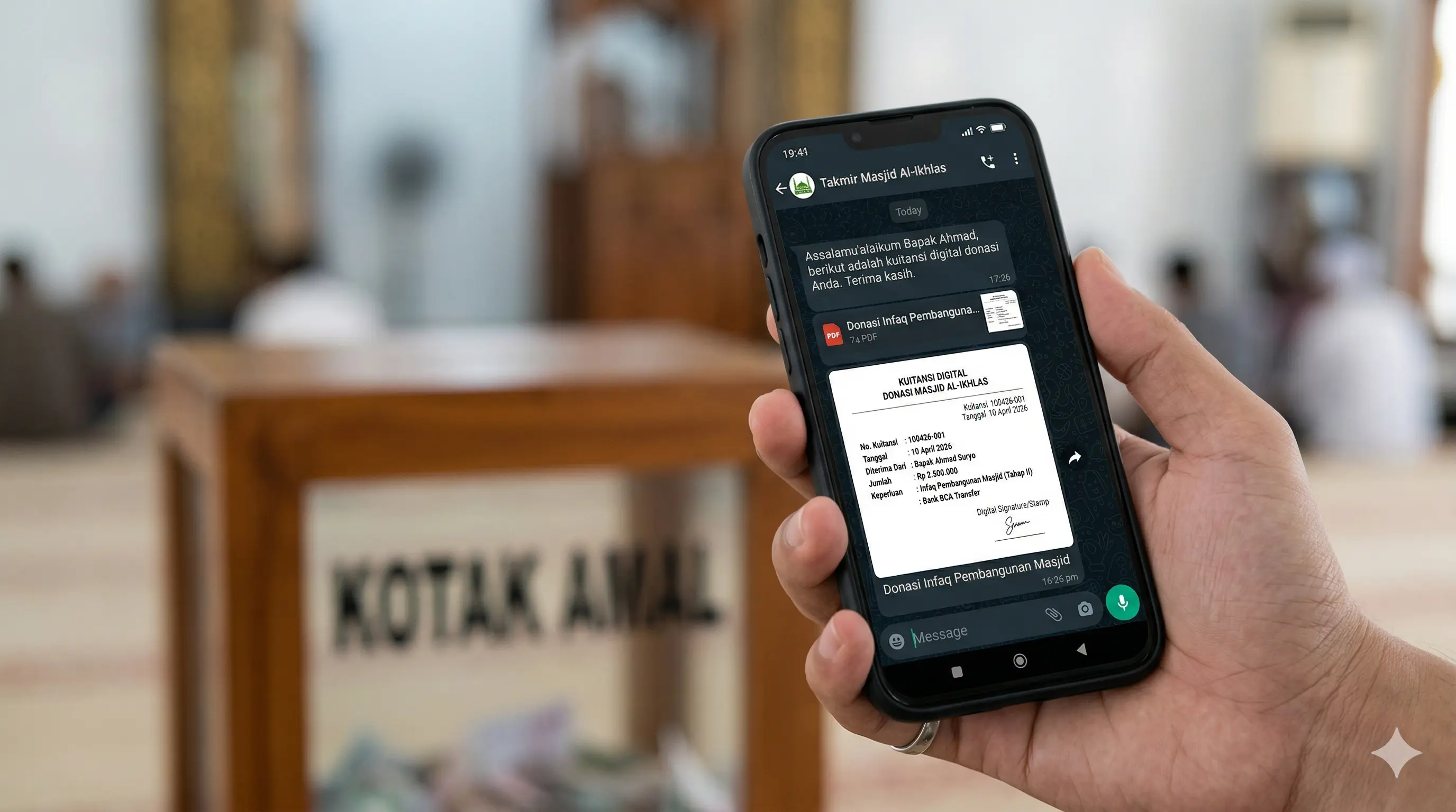 Fitur penerbitan tanda terima kuitansi donasi infaq digital yang dikirim via WhatsApp