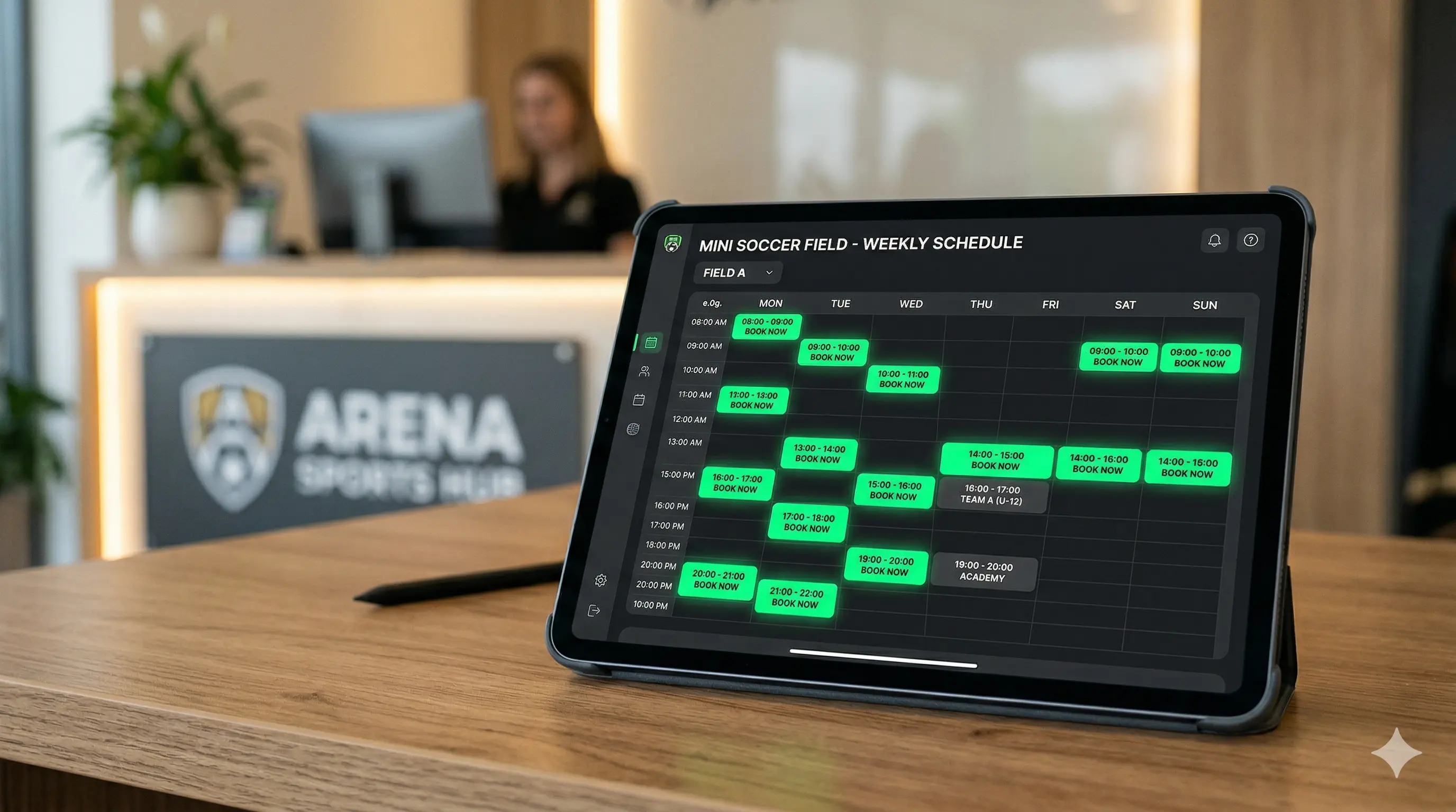 Fitur dasbor kalender interaktif untuk manajemen ketersediaan jadwal booking lapangan